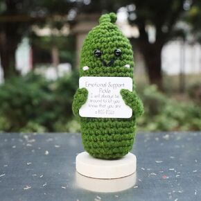 Handmade Emotional Support Pickle Gift, Cute Crochet Cucumber Doll with Wooden Base, Funny Crochet Pickle Toy for Friends,Boys and Girls in Kuwait