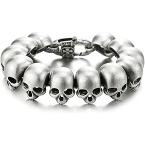 COOLSTEELANDBEYOND Mens Stainless Steel Large Skull Link Bracelet Biker Gothic Style, Antique Silver Color