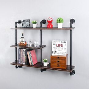 Industrial Pipe Shelf with Wood 43.3in,Rustic Wall Mount Shelf 3-Tiers,Metal Hung Bracket Bookshelf,DIY Storage Shelving Floating Shelves
