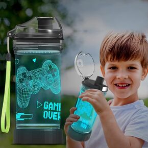 Ammonite Gamepad Kids Water Bottle,14 oz Water Bottles with 3D Glowing LED Light & 7 Colors Change, BPA Free Reusable Water Cup with Lanyard, Easy Clean for Gaming Decor Gamer Lover Sports
