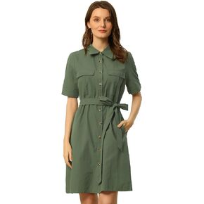 Allegra K Women's Safari Dress Summer Collared Button Down Cotton Belted Shirtdress