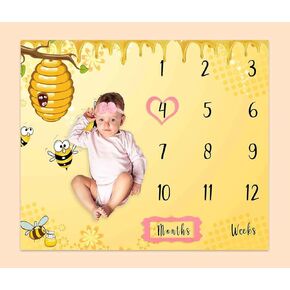 Honeycomb Bee Month Blanket for Baby Pictures, Sweet Honey Drips Yellow Blanket for Nursery, Baby 1-12 Months Growth Chart, includes 4 Frame and 1 Headband 40"x40" BTLSPH749