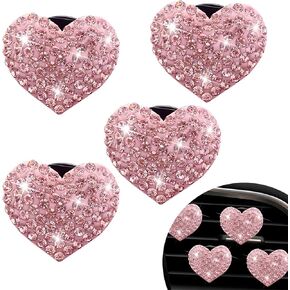 4 PCS Bling Car Air Conditioner Air Outlet Clip Set, 1.07" x 1.07" Heart-Shaped All-Over Rhinestones Air Outlet Decoration Clip, Modification Accessories, Compatible with Most Models (Pink)