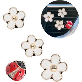 Cute Flowers Ladybug Car Air Freshener Vent Clips 4pcs Set,3pcs White Daisy Flowers and 1pc Red Ladybug Car Air Freshener Clips,lively Women Car Accessories,Refillable Car Diffuser Car Decor