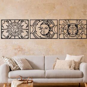 Wall Art 3 Pcs Sun and Moon Metal Decor, 15.75 x 10.63 inches, Black, Modern, Indoor and Outdoor, 3D Visual Effect, Wrought Iron, Kitchen, Wall Hanging Decor, Versatile Home Decoration