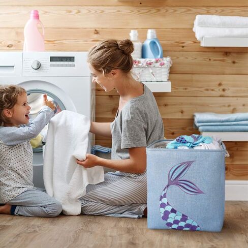 WERNNSAI Mermaid Storage Bin - 16" × 13" × 18" Linen Fabric Storage Baskets Collapsible Nursery Hampers Laundry Basket Boxes Cube Girls Baby Gift Baskets Toys Clothes Shoes Home Organizer in Saudi Arabia