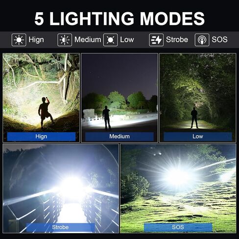 مصابيح LED قابلة لإعادة الشحن لومن عالي، 990,000 لومن مصباح يدوي قوي ساطع مع 5 أوضاع، ضوء فلاش محمول IPX7 للمنازل، العمل الليلي، ركوب الدراجات، المشي لمسافات طويلة in Kuwait