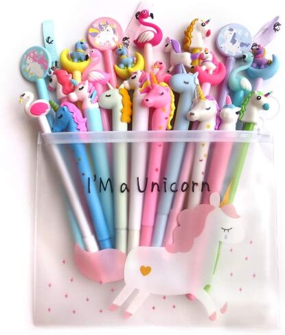 DzdzCrafts 10 قطع يونيكورن وفلامينجو 0.5 ملم أقلام حبر جل رولربال حبر أسود في حقيبة أقلام in Kuwait