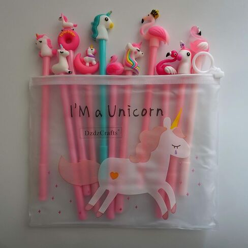 DzdzCrafts 10 قطع يونيكورن وفلامينجو 0.5 ملم أقلام حبر جل رولربال حبر أسود في حقيبة أقلام in Kuwait