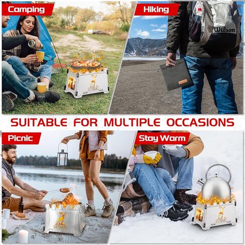 Camping Wood Burning Stove Portable - Folding Camp Stove Collapsible Backpacking Stove Stainless Steel Campfire Stove Outdoor Cooking Foldable Lightweight Stove for Picnic Hiking BBQ in Kuwait