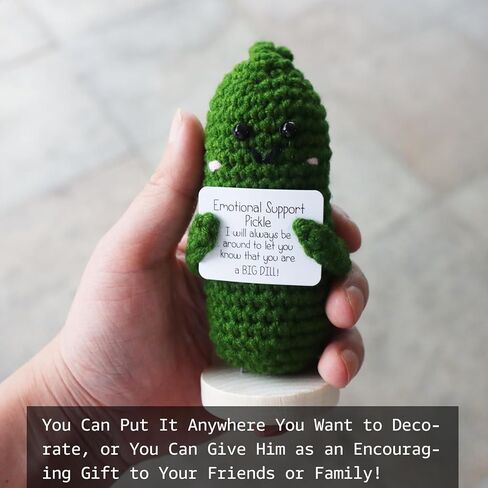 Handmade Emotional Support Pickle Gift, Cute Crochet Cucumber Doll with Wooden Base, Funny Crochet Pickle Toy for Friends,Boys and Girls in Kuwait
