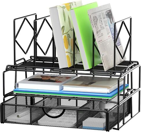 منظم مكتب مع درج، منظم ملفات مكتب المكتب مع 5 حاملات ملفات عمودية، منظم ملفات سطح المكتب والمكتب (أسود) in Kuwait