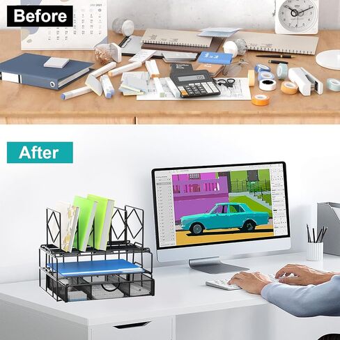 منظم مكتب مع درج، منظم ملفات مكتب المكتب مع 5 حاملات ملفات عمودية، منظم ملفات سطح المكتب والمكتب (أسود) in Kuwait