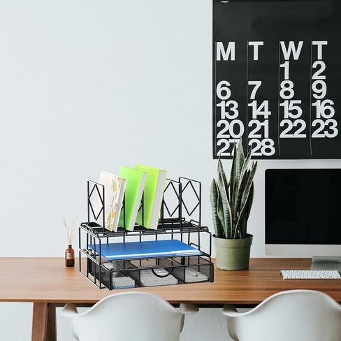 منظم مكتب مع درج، منظم ملفات مكتب المكتب مع 5 حاملات ملفات عمودية، منظم ملفات سطح المكتب والمكتب (أسود) in Kuwait