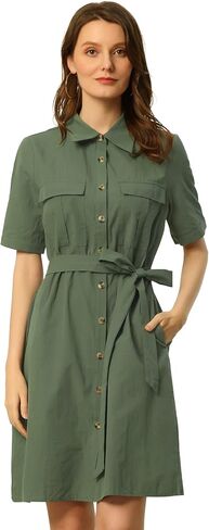 Allegra K Women's Safari Dress Summer Collared Button Down Cotton Belted Shirtdress in Saudi Arabia