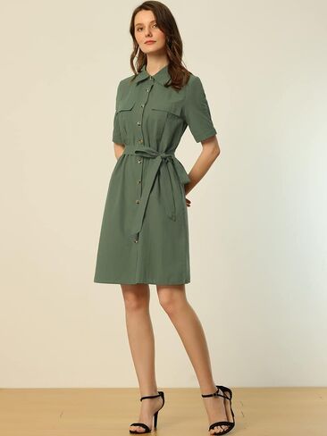 Allegra K Women's Safari Dress Summer Collared Button Down Cotton Belted Shirtdress in Saudi Arabia