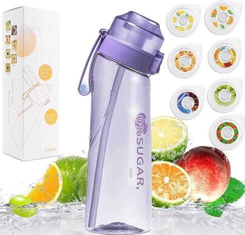 مجموعة زجاجات مياه رياضية خالية من مادة BPA للشرب، زجاجة مياه برائحة الفاكهة سعة 650 مل، مع 7 كبسولات نكهات٪ 0 كوب ماء سكر، لصالة الألعاب الرياضية والهدية الخارجية (أزرق) in Saudi Arabia
