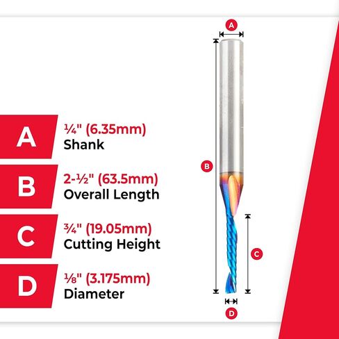 أداة Amana Tool 57361-K Spektra مطلية بـ SC حلزوني O فلوت مفرد محسّن بلمسة نهائية من البلاستيك قطع 1/8 D × 3/4 CH × 1/4 SHK × 2-1/2 بوصة طويلة لقمة توجيه CNC مع لمسة نهائية مرآة in Kuwait