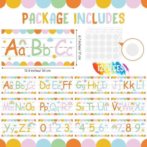 12 Pcs Alphabet Bulletin Board Set Rainbow ABC Number 0-9 Line Wall Decorations with 3 Sheets Adhesive Dots Classroom Alphabet Line for Preschool Kindergarten Classroom Decor in Saudi Arabia