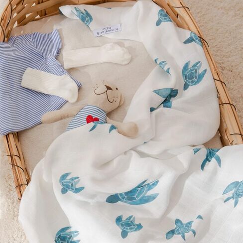 Sea Turtles Muslin Baby Blanket | Ultra Soft | Organic Cotton Muslin Blanket | 44''x44'' Inches / 110x110 cm | Super-Large | Unisex Baby Cotton Muslin Swaddle Blanket in Saudi Arabia