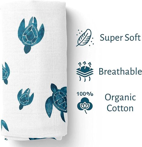 Sea Turtles Muslin Baby Blanket | Ultra Soft | Organic Cotton Muslin Blanket | 44''x44'' Inches / 110x110 cm | Super-Large | Unisex Baby Cotton Muslin Swaddle Blanket in Saudi Arabia