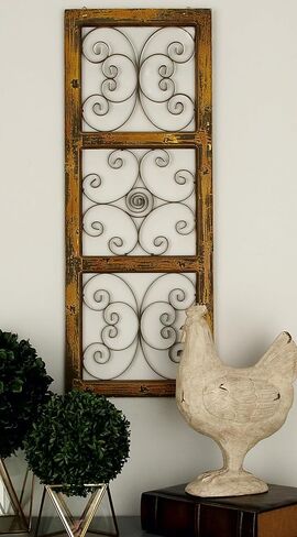 Deco 79 Wood Scroll Home Wall Decor Window Inspired Wall Sculpture with Metal Scrollwork Relief, Wall Art 14" x 1" x 36", Brown in Saudi Arabia