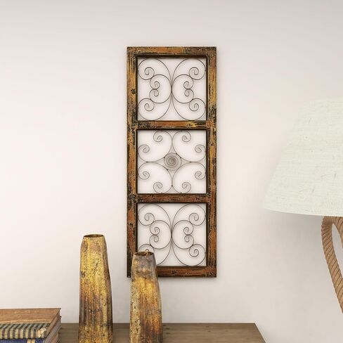 Deco 79 Wood Scroll Home Wall Decor Window Inspired Wall Sculpture with Metal Scrollwork Relief, Wall Art 14" x 1" x 36", Brown in Saudi Arabia
