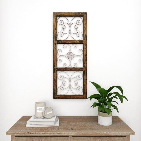 Deco 79 Wood Scroll Home Wall Decor Window Inspired Wall Sculpture with Metal Scrollwork Relief, Wall Art 14" x 1" x 36", Brown in Saudi Arabia
