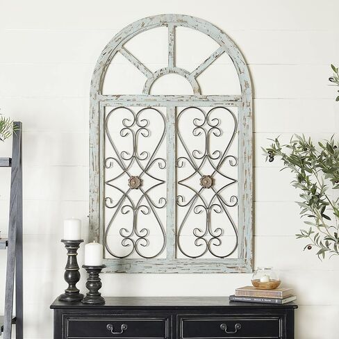 Deco 79 Wood Scroll Home Wall Decor Arched Window Inspired Wall Sculpture with Metal Scrollwork Relief, Wall Art 28" x 1" x 45", Light Blue in Saudi Arabia