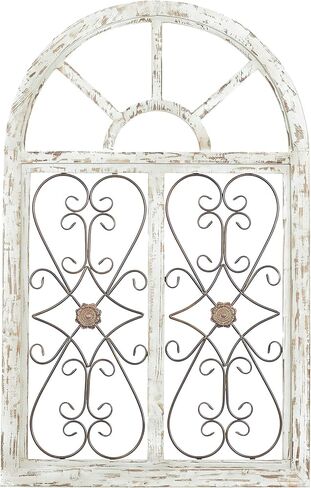 Deco 79 Wood Scroll Home Wall Decor Arched Window Inspired Wall Sculpture with Metal Scrollwork Relief, Wall Art 28" x 1" x 45", Light Blue in Saudi Arabia