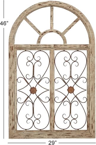 Deco 79 Wood Scroll Home Wall Decor Arched Window Inspired Wall Sculpture with Metal Scrollwork Relief, Wall Art 28" x 1" x 45", Light Blue in Saudi Arabia