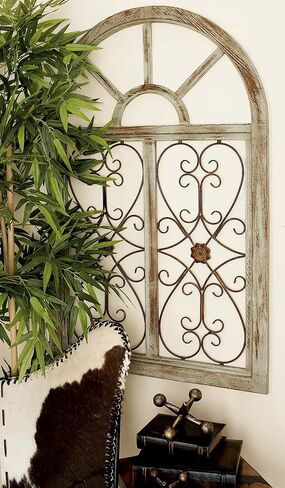 Deco 79 Wood Scroll Home Wall Decor Arched Window Inspired Wall Sculpture with Metal Scrollwork Relief, Wall Art 28" x 1" x 45", Light Blue in Saudi Arabia