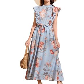 SweatyRocks Girl's Floral Print Cap Sleeve Mock Neck Maxi Dress Ruffle Hem Belted Long Dresses