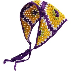 Crochet Bandana Head Kerchief Knitted Hair Scarf Boho Vintage Headbands Triangle Hair Tie Handmade Floral Hair Headwrap
