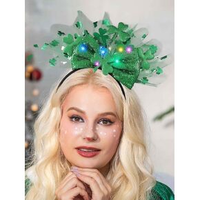 Yean St Patrick's Day Shamrock Bow Headband Light Up Irish Clover Headwear Green Party Hair Hoop for Women and Girls