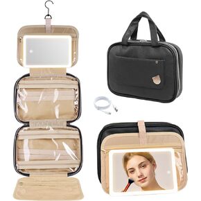 FENCHILIN Travel Toiletry Bag with Hanging Hook Large Capacity Makeup Organizer Bag with Lighted Makeup Mirror Organizer for Accessories, Shampoo, Toiletries