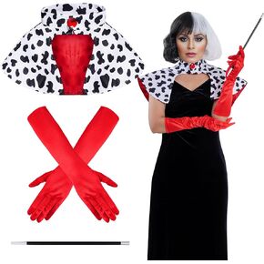Women Halloween Dalmatian Costume Set Dalmatian Shawl Scarf Black and White Cape,1920s Red Glove, Plastic Holder for Cruel Diva Fancy Dress Costume Accessories