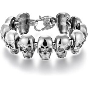 BIYONGDE Skulls Link Chain Bangle Bracelet for men, Cross Spring Hook Clasp, Stainless Steel, Gothic Masculine