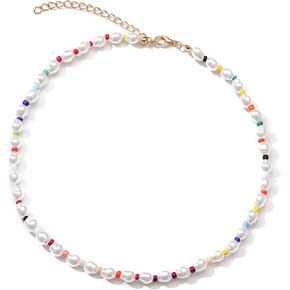 Locrccl Colorful Beaded Pearl Necklace for Women Handmade Boho Choker Trendy wool Jumper Necklace Holiday Jewelry Gift