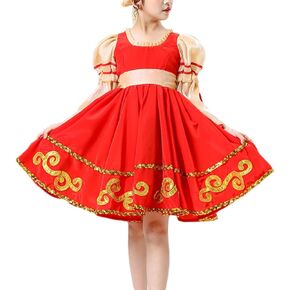 Girls Russian Traditional Dance Dress Puff Sleeve Swing Ethnic Performance Costume