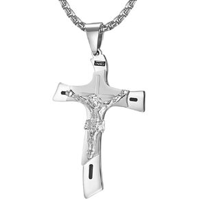 Catholic Crucifix Jesus Christ on INRI Cross Large Pendant Necklace for Teens Boys Mens Stainless Steel 24 Chain