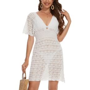 MISS MOLY Women's Crochet Swimsuit Cover Ups V Neck Bathing Suit Swimwear Bikini Coverup Knit Summer Beach Dress