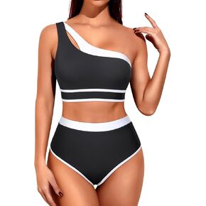 Tempt Me Women One Shoulder High Waisted Bikini Color Block Two Piece Swimsuits Cutout 2 Piece Bathing Suit