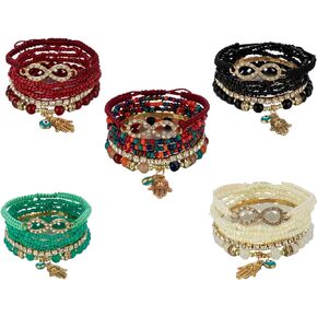 4 Sets Bohemian Stretch Beads Bracelets Multilayer Evil Eye Hamsa Hand Bracelet Boho Charms Stretch Stackable Bracelet Handmade Multicolor Crystal Beaded Lucky Protection Bangles Strand Bracelet Set