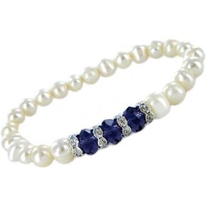 Linpeng Round White Freshwater Cultured Pearls-Birthstone Color Crystal Beads-Rhinestone Spacers-Stretch Bracelet for Women, Amber