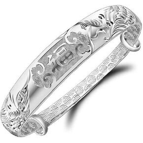 SSZUKOOU 999 Sterling Sliver Bracelets Adjustable Chinese Style Lucky Bangle Bracelets Women's Chinese Dragon Phoenix Carved Bangle Bracelet 25g Weight for Women and Elder