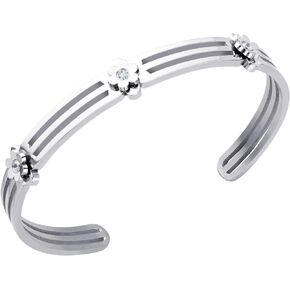 555Jewelry Stainless Steel Grooved CZ Floral Open Cuff Bangle Bracelet for Women