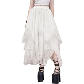 Verdusa Women's Asymmetrical Tulle Skirts Elastic High Waist Ruffle Tiered Mesh Long Skirt