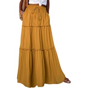 QACOHU Womens Casual Elastic High Waist Lace up Tiered Paisley Long Skirt with Pockets