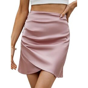 Umenlele Women's Elegant Silky Satin High Waist Ruched Wrap Bodycon Short Skirt in Kuwait